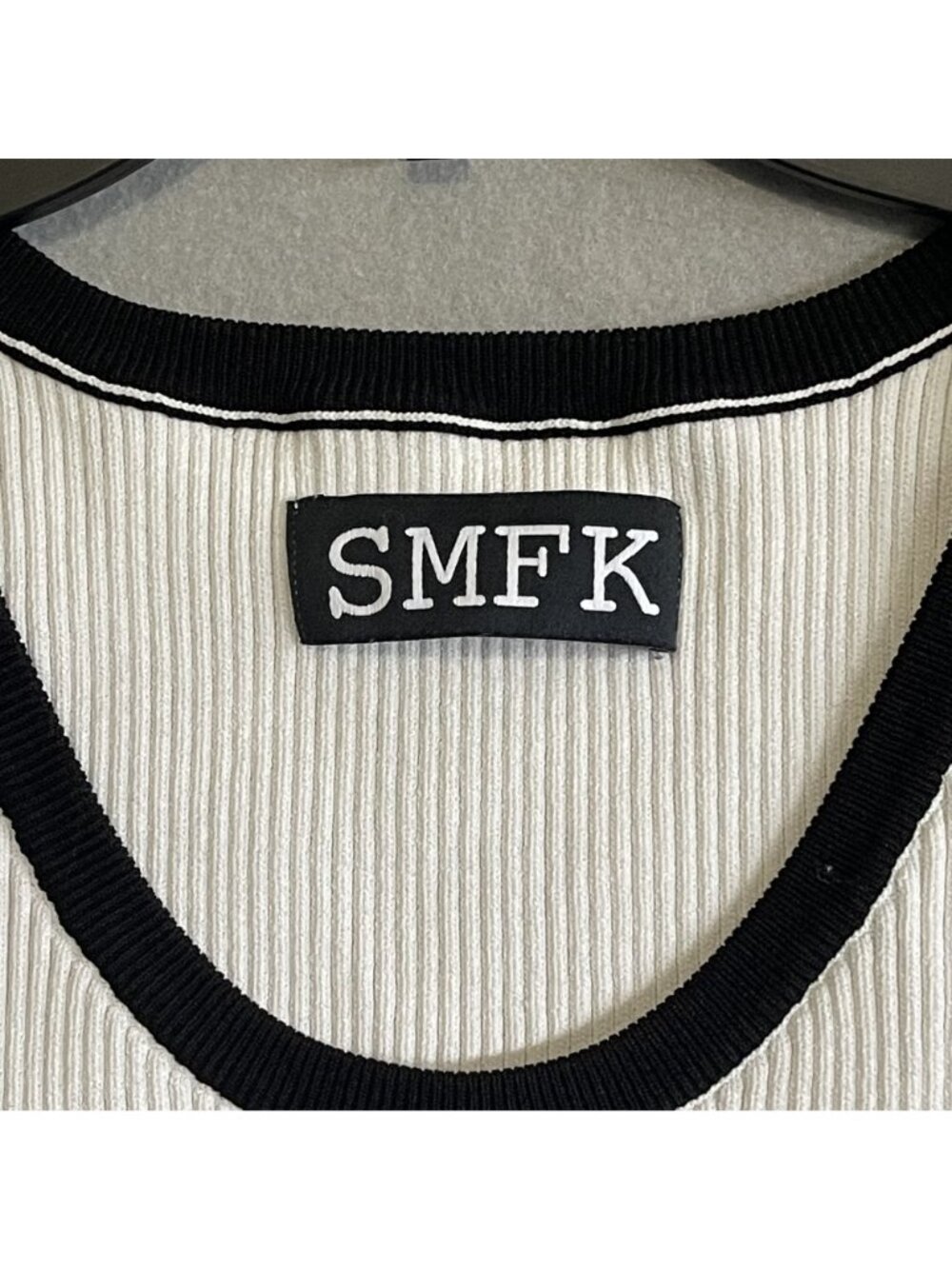 SMFK White Black Ribbed Knit 2 Piece Crop Top Mini Skirt Set Cross Embroidery S - Picture 2 of 10